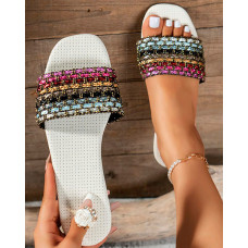 Colorblock Crystal Stone Wide Strap Beach Slippers - Multicolor