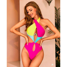 Colorblock Cutout Backless Halter One-Piece Swimsuit - hot pink