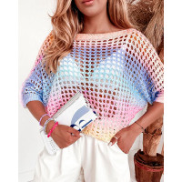 Colorblock Cutout Batwing Sleeve Casual Sweater - Multicolor