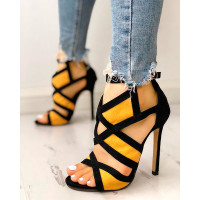 Colorblock Cutout Buckled Suede Stiletto Heels - red,Apricot