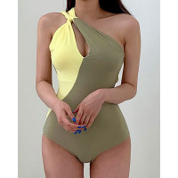 Colorblock Cutout Front Backless Halter One Piece Swimsuit - green