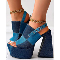 Colorblock Denim Patchwork Slingback Buckled Platform Chunky - blue