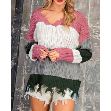 Colorblock Distressed Trim Knit Sweater - Multicolor