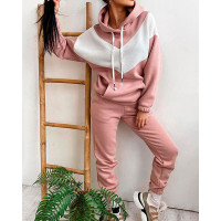 Colorblock Drawstring Hooded Top & Pocket Sweatpants Set - pink