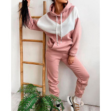 Colorblock Drawstring Hooded Top & Pocket Sweatpants Set - pink