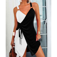 Colorblock Drawstring Ruched Asymmetrical Casual Dress - blackwhite