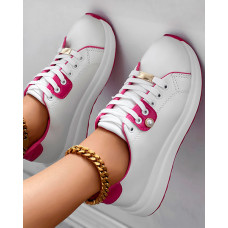 Colorblock Eyelet Lace-up Muffin Sneakers - white&rose red