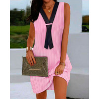 Colorblock Fake Tie Patch Sleeveless Casual Dress - pink