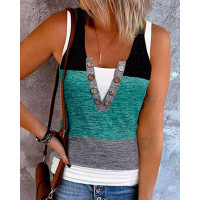 Colorblock Fake Two Piece Button Front Tank Top - green