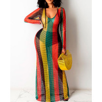 Colorblock Fishnet Design Hooded Cover Up Dress - Multicolor