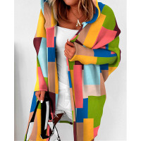 Colorblock Geo Print Long Sleeve Hooded Coat - Multicolor