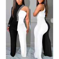 Colorblock Geo Trim One Shoulder Jumpsuit - blackwhite