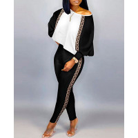 Colorblock Geometric Print Long Sleeve Top & Pants Set - blackwhite