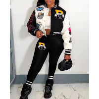 Colorblock Graphic Print Baseball Jacket & Pants Set - black