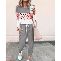 Colorblock Heart Pattern Top & Pant Sets - gray