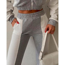 Colorblock High Waist Casual Pants - gray