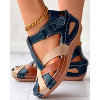 Colorblock Hollow Out Crisscross Wedge Sandals - blue