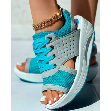 Colorblock Hollow Out Platform Wedge Sandals - blue