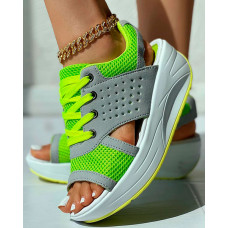 Colorblock Hollow Out Platform Wedge Sandals - green