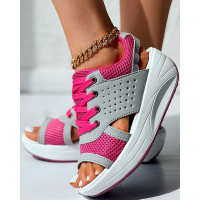 Colorblock Hollow Out Platform Wedge Sandals - hot pink