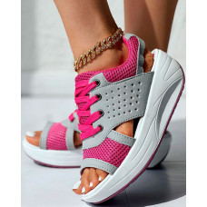 Colorblock Hollow Out Platform Wedge Sandals - hot pink