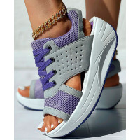 Colorblock Hollow Out Platform Wedge Sandals - purple