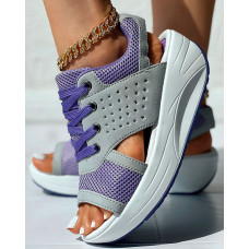 Colorblock Hollow Out Platform Wedge Sandals - purple