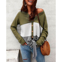 Colorblock Insert Buttoned Knotted Blouse - green