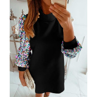 Colorblock Insert Mock Neck Lantern Sleeve Sequins Dress - black