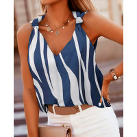 Colorblock Knotted V Neck Tank Top - blue