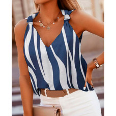 Colorblock Knotted V Neck Tank Top - blue