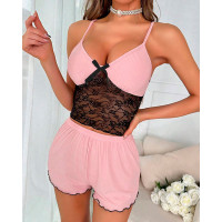 Colorblock Lace Patch Bowknot Decor Cami Set - pink