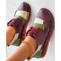 Colorblock Lace-up Casual Loafers - Wine red