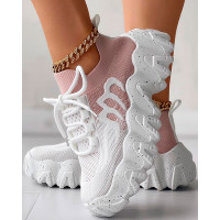 Colorblock Lace-up Casual Running Sneakers - pink&white