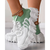 Colorblock Lace-up Casual Running Sneakers - white&green