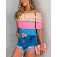 Colorblock Layered Off Shoulder Knit Top - Multicolor