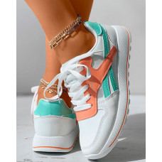 Colorblock Letter Print Lace-up Platform Sneakers - white&orange