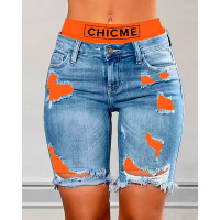 Colorblock Letter Print Ripped 2-In-1 Denim Shorts - orange