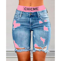 Colorblock Letter Print Ripped 2-In-1 Denim Shorts - pink