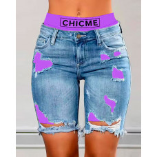 Colorblock Letter Print Ripped 2-In-1 Denim Shorts - purple