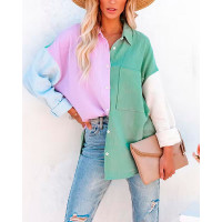 Colorblock Long Sleeve Button Down Shirt - green