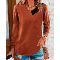 Colorblock Long Sleeve Buttoned Casual Top - coffee