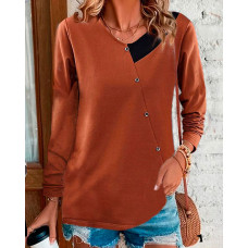 Colorblock Long Sleeve Buttoned Casual Top - coffee