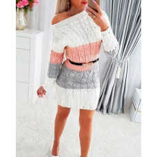 Colorblock Long Sleeve Cable Knit Sweater Dress - white