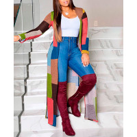 Colorblock Long Sleeve Casual Longline Coat - Multicolor