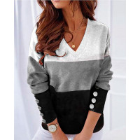 Colorblock Long Sleeve Casual Top - gray