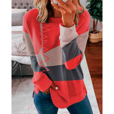 Colorblock Long Sleeve Casual Top - orange