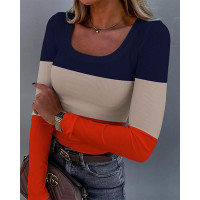 Colorblock Long Sleeve Ribbed Top - orange