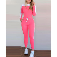 Colorblock Long Sleeve Top & Drawstring Pants Set - red