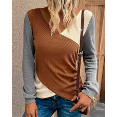 Colorblock Long Sleeve Waffle Knit Top - brown